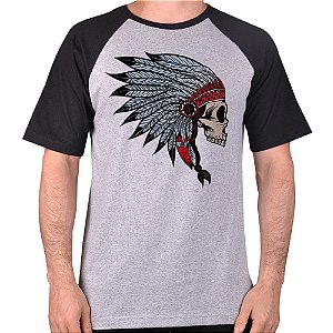 CAMISETA MESCLA CINZA COM MANGA PRETA NERDERIA e LOJARIA caveira indio CINZA