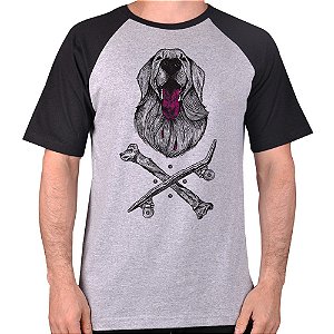 CAMISETA MESCLA CINZA COM MANGA PRETA NERDERIA e LOJARIA cachorronsk8 CINZA