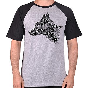 CAMISETA MESCLA CINZA COM MANGA PRETA NERDERIA e LOJARIA Lobo2 CINZA