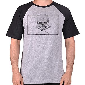 CAMISETA MESCLA CINZA COM MANGA PRETA NERDERIA e LOJARIA caveira quadrado CINZA