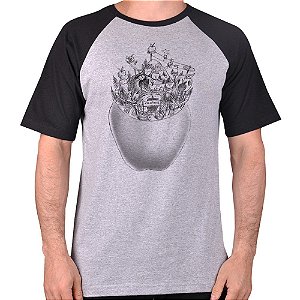 CAMISETA MESCLA CINZA COM MANGA PRETA NERDERIA e LOJARIA maça CINZA