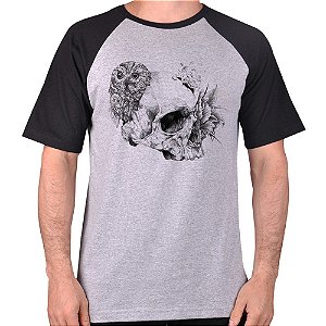 CAMISETA MESCLA CINZA COM MANGA PRETA NERDERIA e LOJARIA caveira rosas 3 CINZA