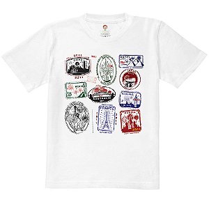 Camiseta Infantil Nerderia e Lojaria selos cidades BRANCA