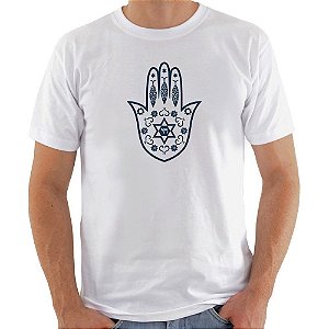 Camiseta Basica Nerderia e Lojaria hamsa peixes Branca