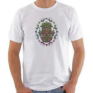 Camiseta Basica Nerderia e Lojaria hamsa moldura Branca