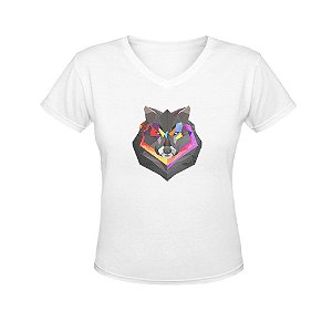 Camiseta Gola V Nerderia e Lojaria lobo geometrico BRANCA