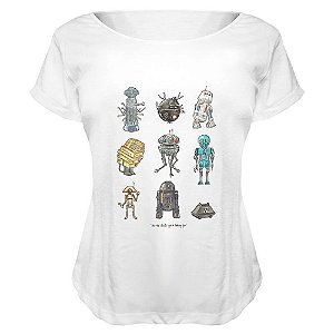Camiseta Baby Look Nerderia e Lojaria robots desenho BRANCA