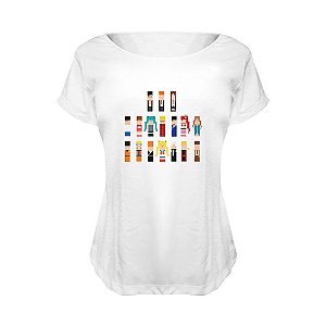 Camiseta Baby Look Nerderia e Lojaria 8bit personagens BRANCA