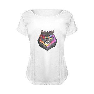 Camiseta Baby Look Nerderia e Lojaria lobo geometrico BRANCA