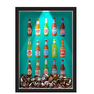 Quadro Caixa Porta Tampinha Cerveja 33x43 cm (Com Led) Lojaria e Nerderia. led cerveja beers preto