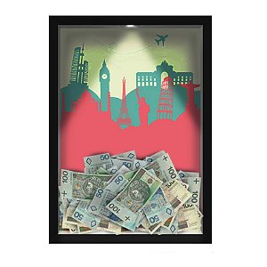 Quadro Caixa  COFRE 33x43 cm (Com Led) Lojaria e Nerderia. viagens paises preto