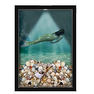 Quadro Caixa Porta Conchas 33x43 cm (Com Led) Lojaria e Nerderia. conchas sereia preto