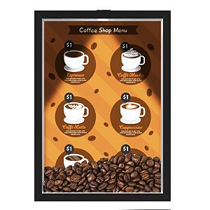 Quadro Caixa 33x43 cm Porta Grãos de Café (Com Led) Nerderia e Lojariagraos cafe shop menu preto