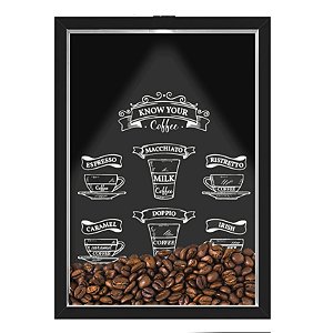 Quadro Caixa 33x43 cm Porta Grãos de Café (Com Led) Nerderia e Lojariagraos cafe know your preto