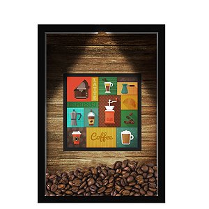 QUADRO DUPLO CAIXA 33X43  (COM LED )PORTA GRÃOS DE CAFE Nerderia e Lojaria  graos cafe maquinas preto