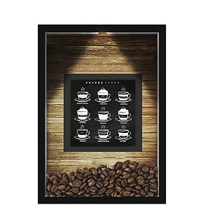 QUADRO DUPLO CAIXA 33X43  (COM LED )PORTA GRÃOS DE CAFE Nerderia e Lojaria  graos cafe types preto