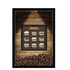 QUADRO DUPLO CAIXA 33X43  (COM LED )PORTA GRÃOS DE CAFE Nerderia e Lojaria  graos cafe tipos preto