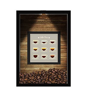 QUADRO DUPLO CAIXA 33X43  (COM LED )PORTA GRÃOS DE CAFE Nerderia e Lojaria  graos cafe menu preto