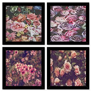 Quadro  23x23cm (4 und.) Nerderia e Lojaria floral preto