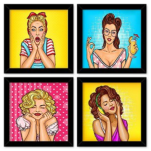 Quadro  23x23cm (4 und.) Nerderia e Lojaria pin up girls preto