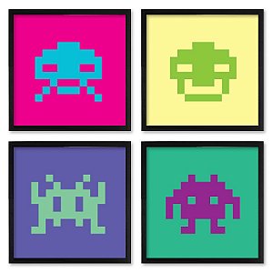 Quadro  23x23cm (4 und.) Nerderia e Lojaria space invader preto