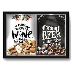 Quadro Porta Rolha Vinho E Tampinha Cerveja (2 Em 1) 33x43 cm  - Com LED Nerderia e Lojaria breakfast e Good beer black