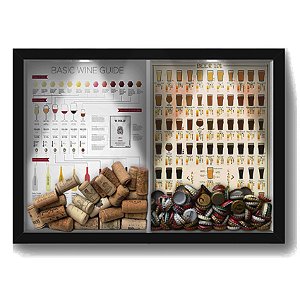 Quadro Porta Rolha Vinho E Tampinha Cerveja (2 Em 1) 33x43 cm  - Com LED Nerderia e Lojaria Wine guide e beer 101 preto