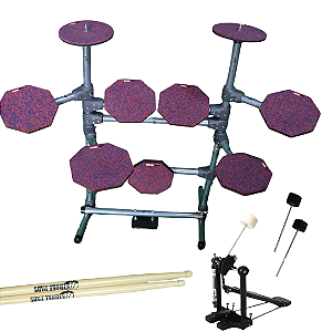 Bateria de Estudo Stroke Pads 9 Peças BAT04 + Pedal de Bumbo + Par de Baquetas