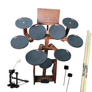 Bateria de Estudo Stroke Pads 9 Peças BAT06 + Pedal de Bumbo + Par de Baquetas