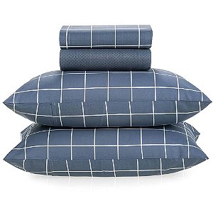 Jogo de Cama Karsten Grid 150 Fios 4 Peças Casal Azul