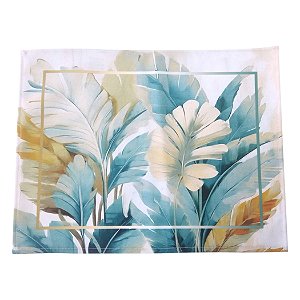 Kit 2 Jogos Americanos + 2 Guardanapos Tecido Folhas Azul