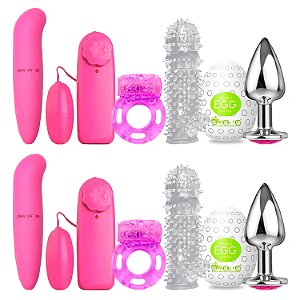 Kit Importados Egg + Ponto G Aveludado + Anel + Plug P + Capa Peniana + Bullet