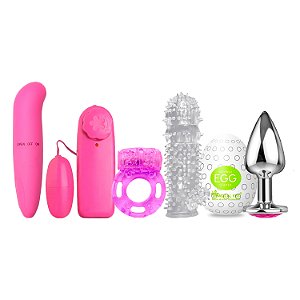 Kit Importados Egg + Ponto G Aveludado + Anel + Plug P + Capa Peniana + Bullet