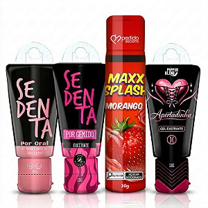 Kit 4 Produtos Sex Shop Casal: Gel Adstringente, Excitante Sedenta, Vibrante com Jambu, Calda Beijável