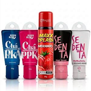 Kit 5 Produtos Sex Shop Casal: Gel Adstringente, Intensificador Masculino, Vibrante com Jambu, Calda Beijável e Lubrificante Neutro 18g