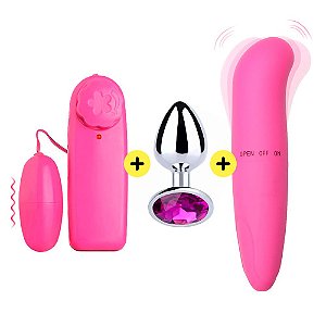 Vibrador Ponto G + Plug Anal Joia Aço P + Vibrador Bullet Estimulador de Clitóris