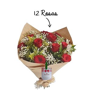 Buquê Rústico Mix de 12 Rosas, Astromélias e Gipsofilas