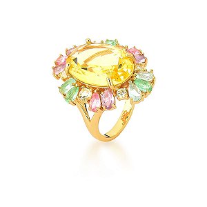 ANEL CRISTAL OVAL AMARELO E GOTAS MULTICOLORIDAS