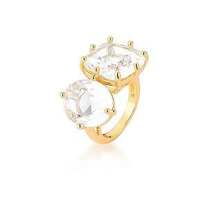 ANEL COM CRISTAL OVAL E QUADRADO INCOLOR BANHADO A OURO SJ