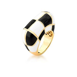 ANEL RETANGULAR ESMALTADO BRANCO E PRETO SM