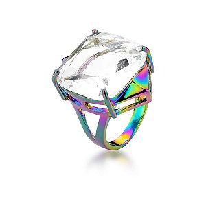 ANEL COM CRISTAL QUADRADO INCOLOR BANHADO A FURTA COR SM