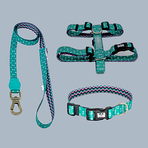 Kit Peitoral Modelo H, Coleira e Guia para Cães - Estampa  Azul Tiffany - Madiba Pet