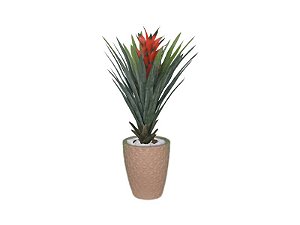 Planta Árvore Artificial Bromélia Vermelha 75cm Kit + Vaso E. Bege 32cm