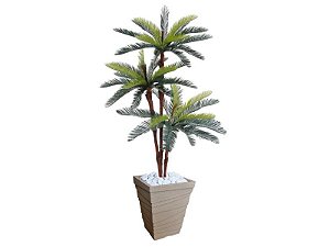 Planta Artificial Árvore Palmeira Cycas 1,77m kit + Vaso Trapézio D. Grafiato Bege 40cm