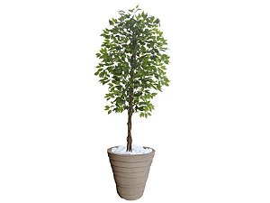 Planta Artificial Ficus Verde 2,10m kit + Vaso Redondo D. Grafiato Bege 40cm