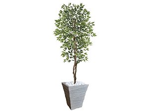 Planta Artificial Ficus Verde Creme 2,10m kit + Vaso Trapezio D. Grafiato Cinza 40cm