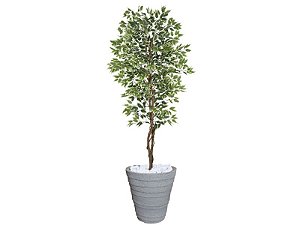 Planta Artificial Ficus Verde Creme 2,10m kit + Vaso Redondo D. Grafiato Cinza 40cm