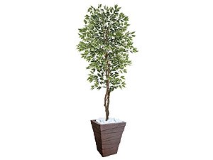 Planta Artificial Ficus Verde Creme 2,10m kit + Vaso Trapezio D. Grafiato Marrom 40cm