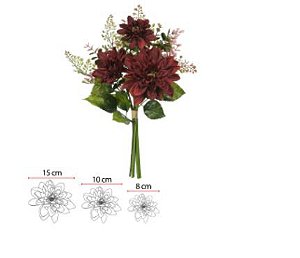 Buquê Flor Artificial Dalia Ramalhete Fita C/Powder X7 Marsala Outono 42cm