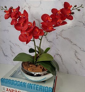 Arranjo Com 2 Orquídeas Vermelha Vaso Prata 22cm